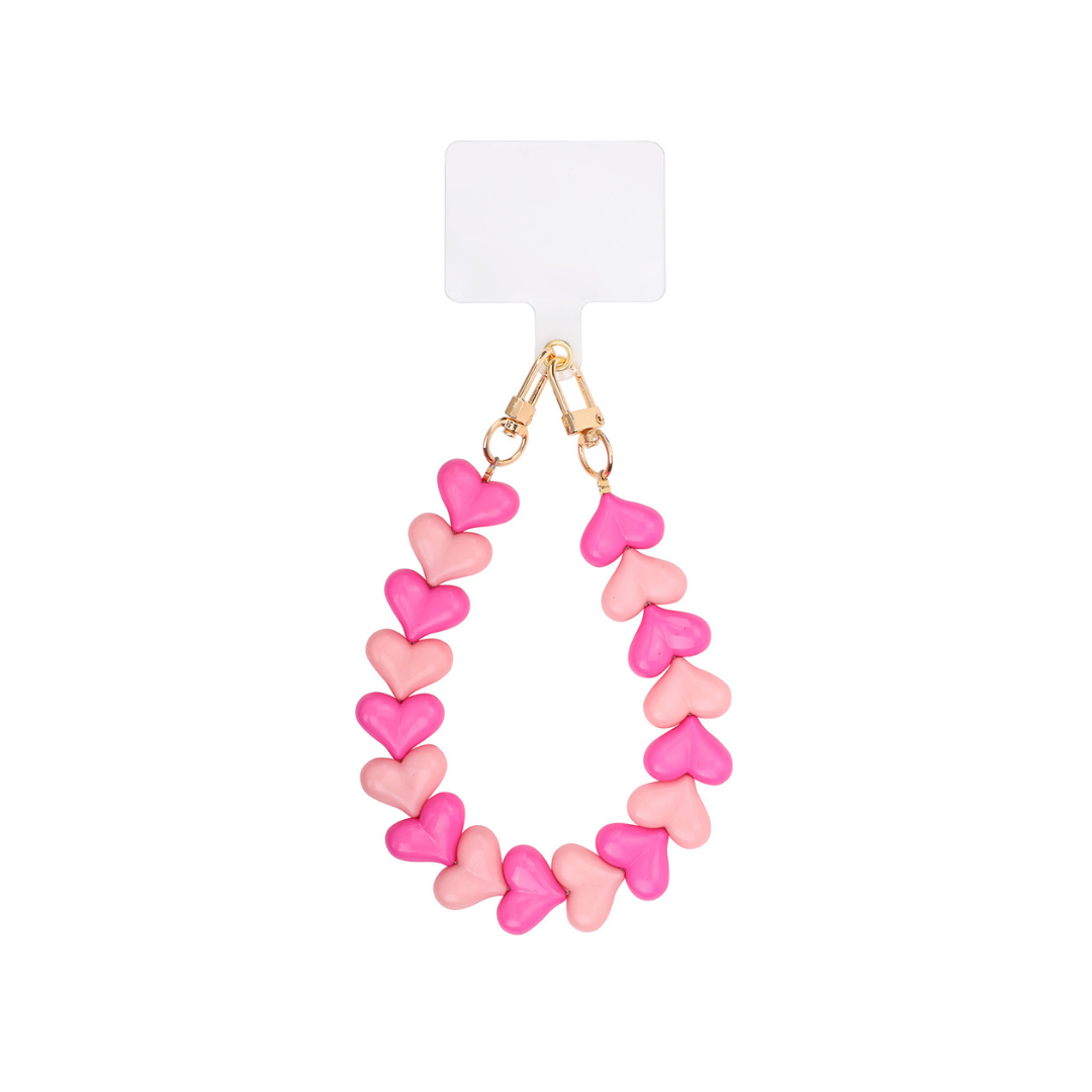 Lichtroze en roze hartjes telefoonkoord met glanzende kralen en goudkleurige sluiting van Casa Jadel