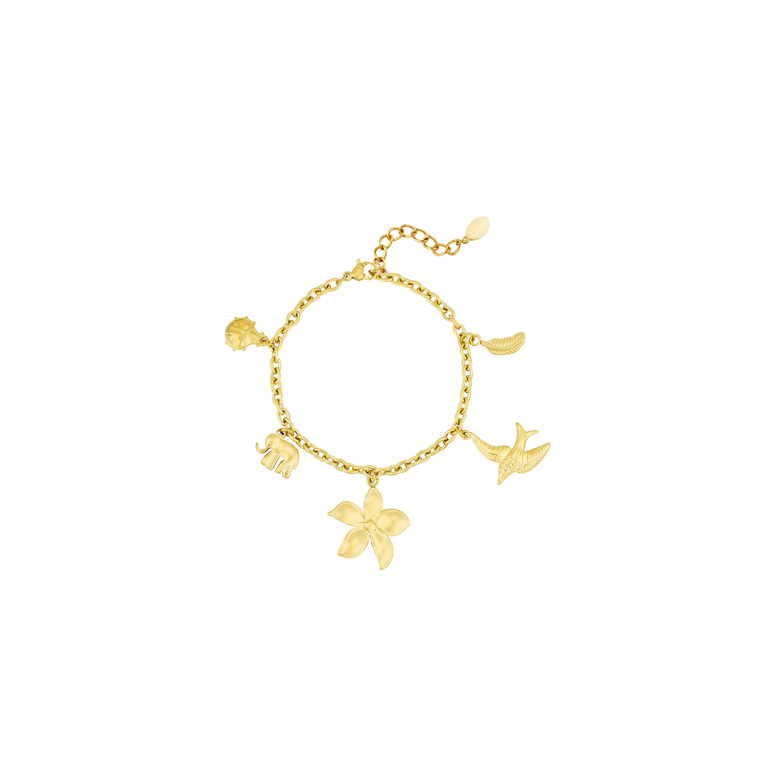 Gouden bedel armband met lieveheersbeestje olifant bloem vogel blad
