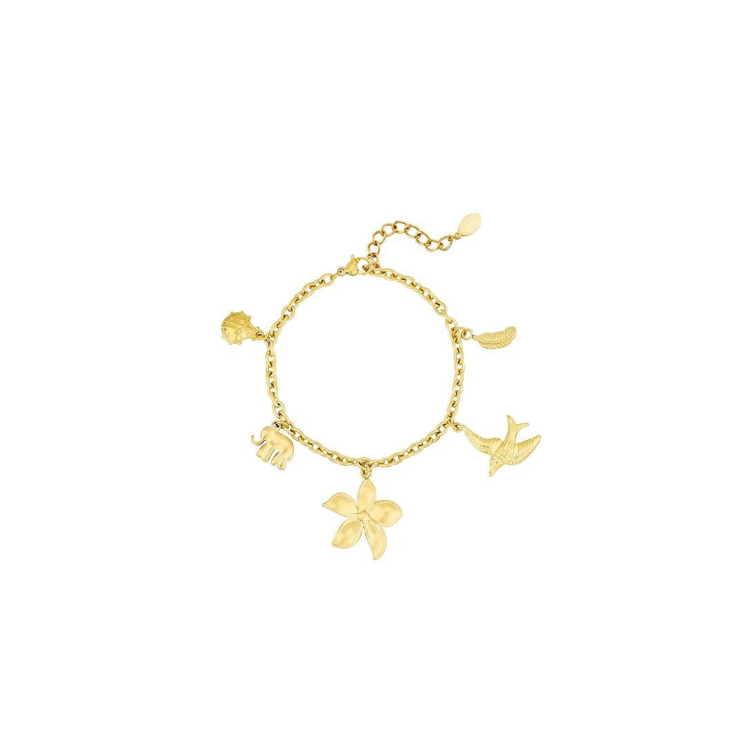 Gouden bedel armband met lieveheersbeestje olifant bloem vogel blad - Casa Jadel