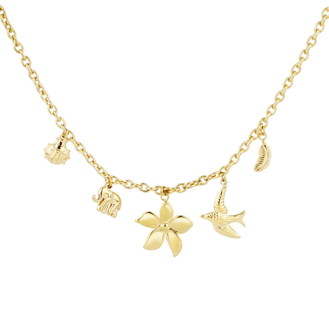 Gouden bedel ketting met lieveheersbeestje olifant bloem vogel blad - Casa Jadel