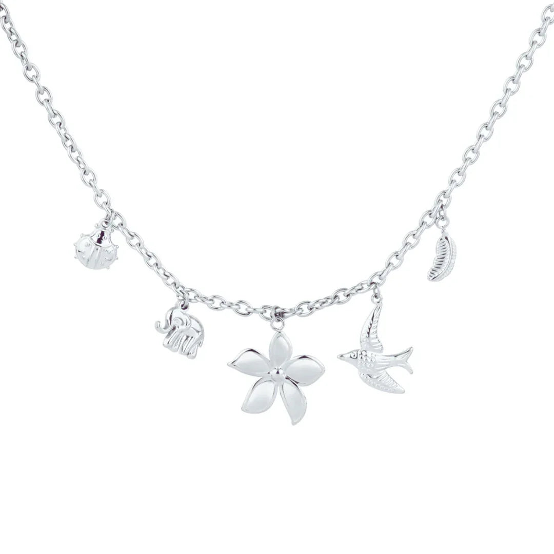Zilveren bedel ketting met lieveheersbeestje olifant bloem vogel blad - Casa Jadel