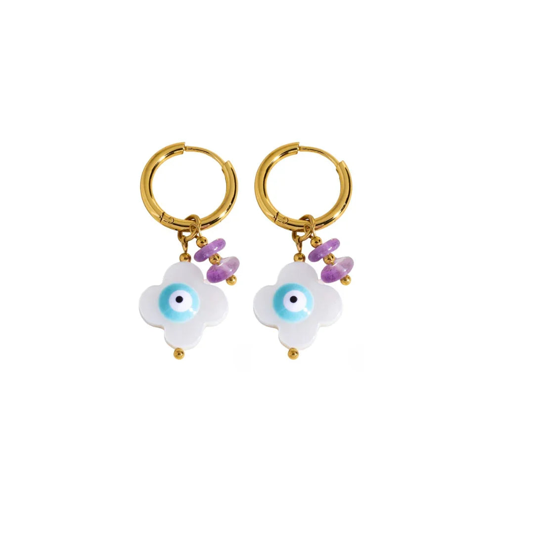 Gouden oorringetjes clover met oog paarse kraaltjes - Casa Jadel