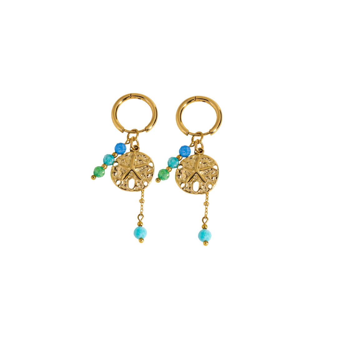 Gouden oorringetjes met zeester munt turquoise kraaltjes