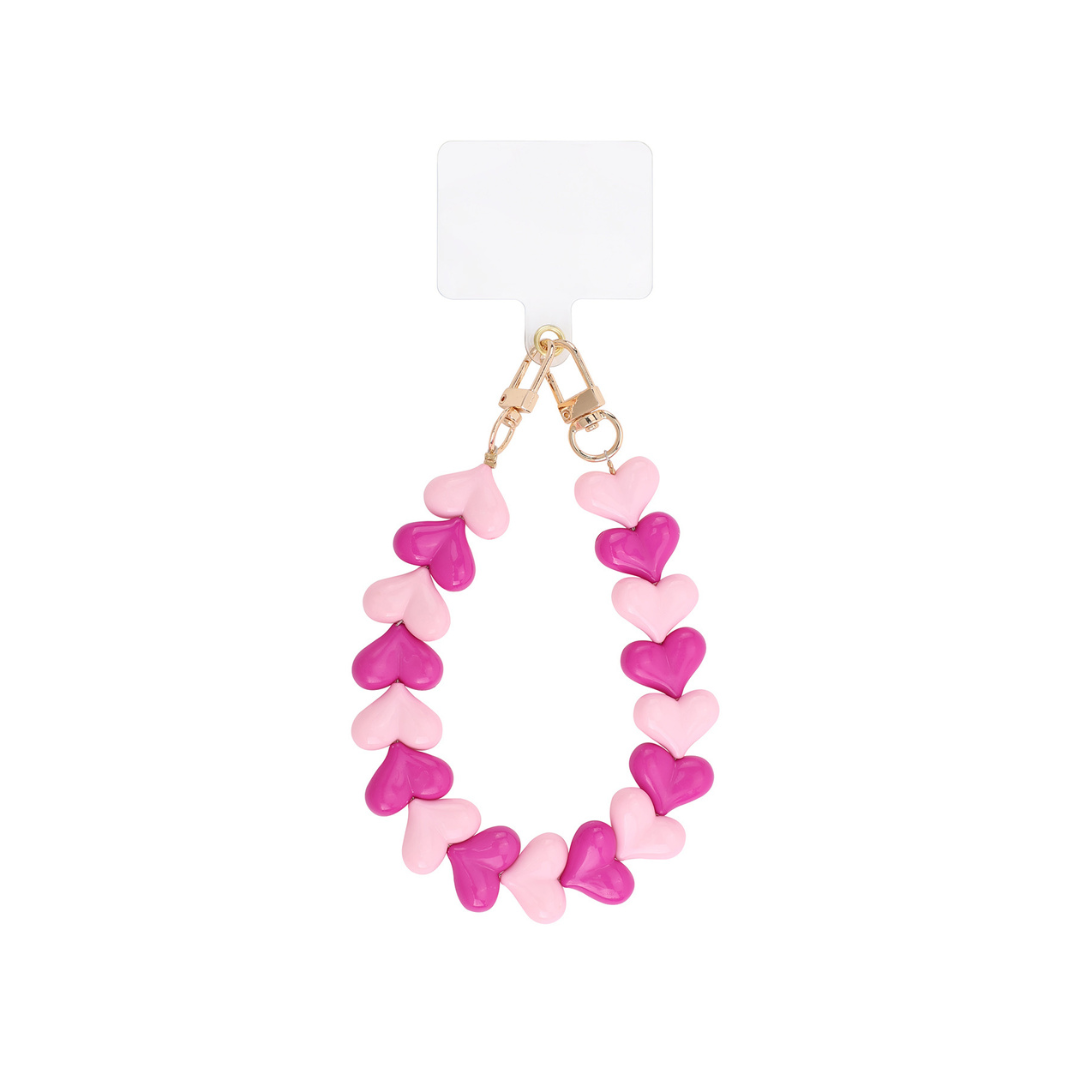 Roze en fuchsia hartjes telefoonkoord met glanzende kralen en goudkleurige sluiting van Casa Jadel