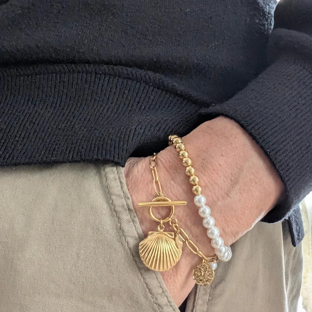 Verstelbare parel en gouden kraal armband - Casa Jadel