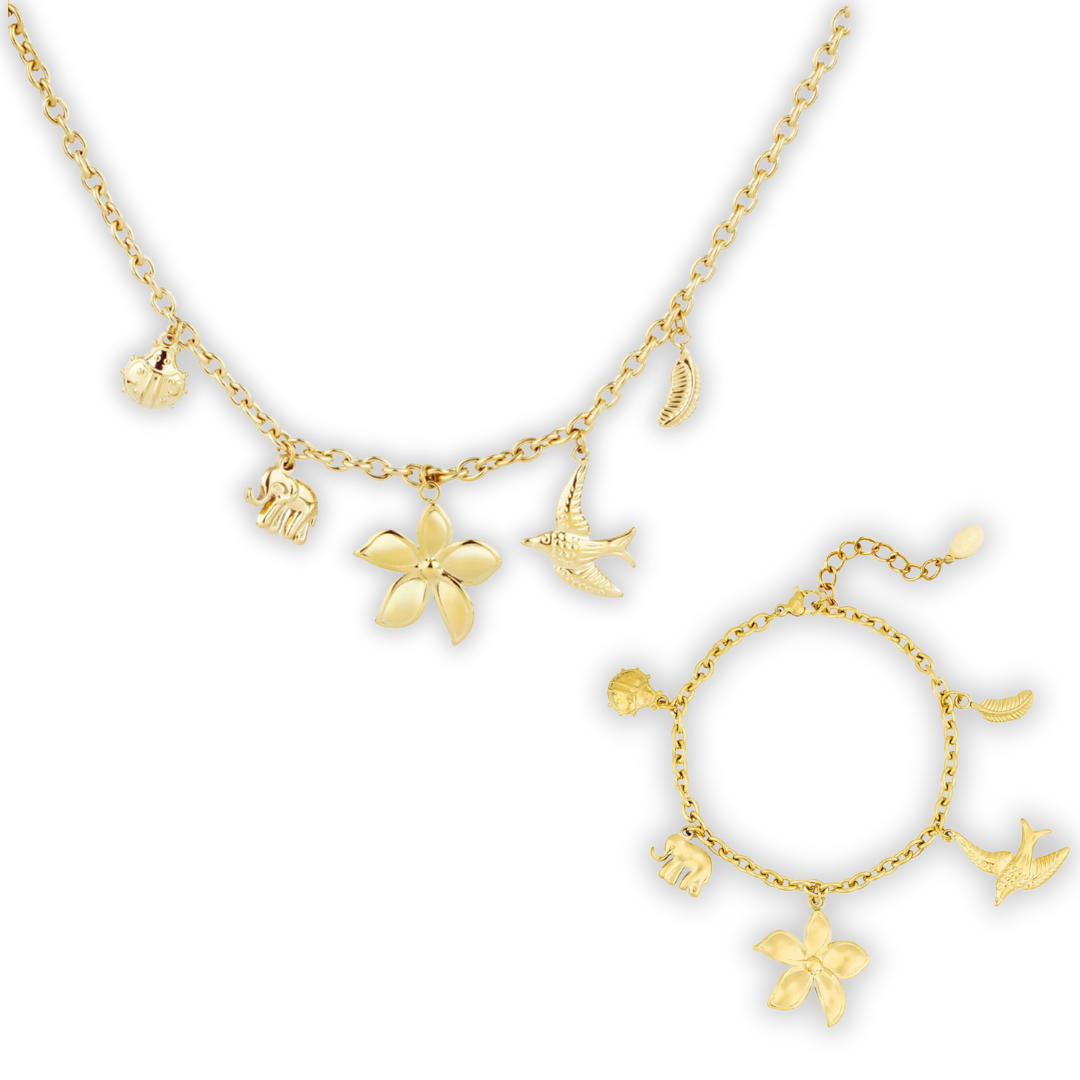 Setje gouden bedel ketting en armband met lieveheersbeestje olifant bloem vogel blad