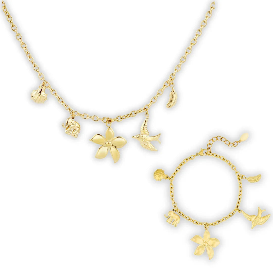 Setje gouden bedel ketting en armband met lieveheersbeestje olifant bloem vogel blad - Casa Jadel
