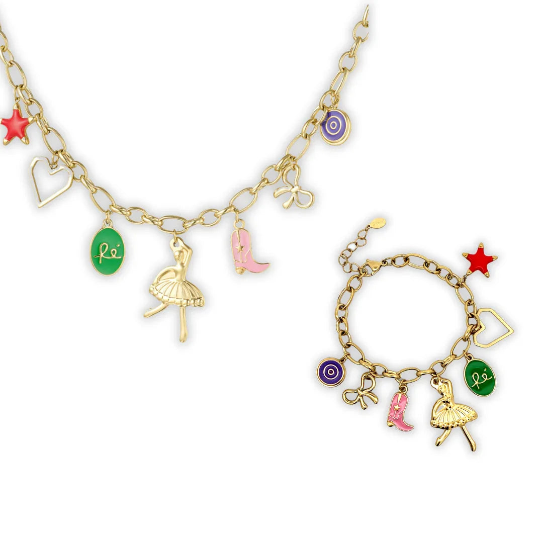 Setje gouden bedel ketting en armband bedeltjes ballerina cowboylaars hartje strikje - Casa Jadel