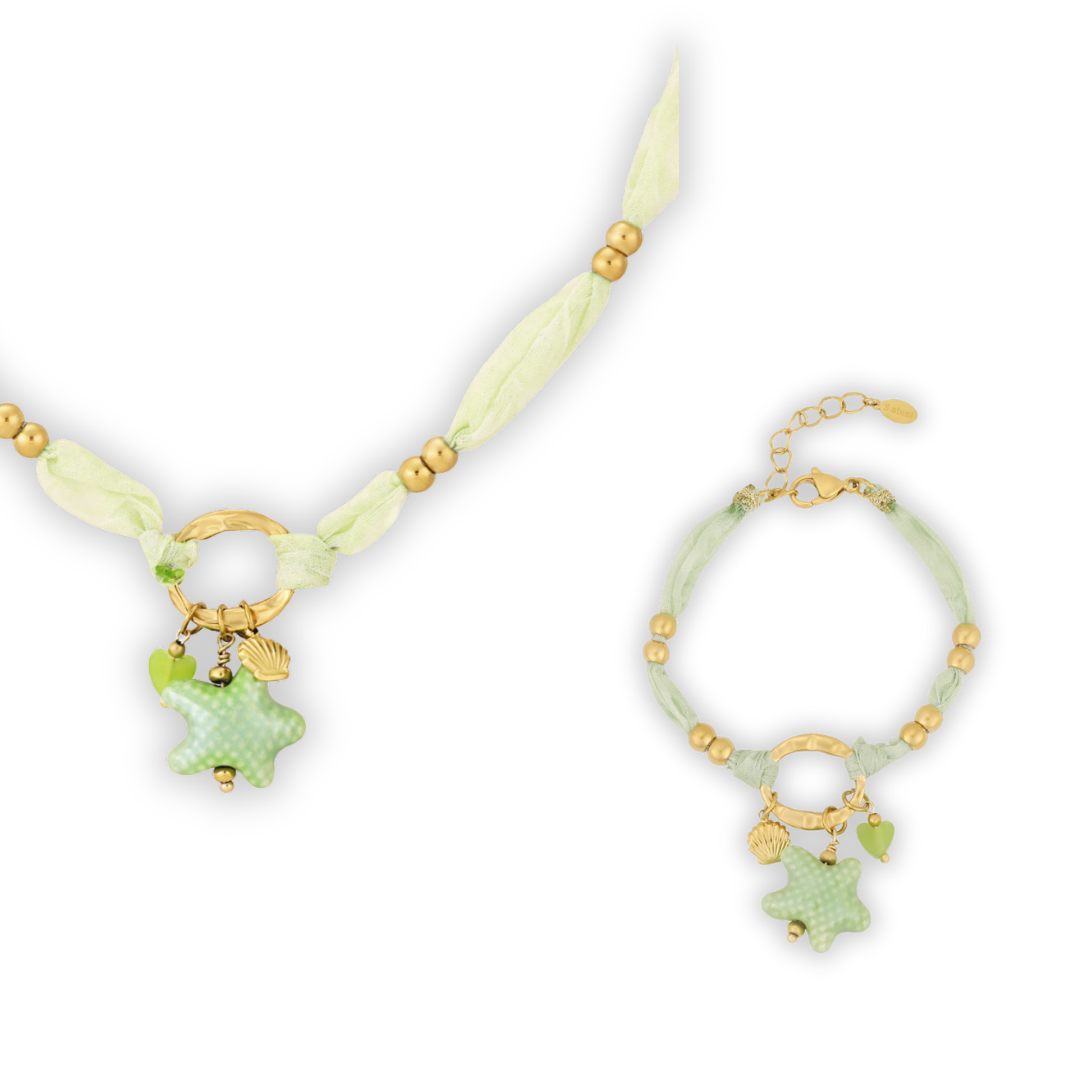 Setje groene stof armband en ketting goud bloem zon en kraaltje