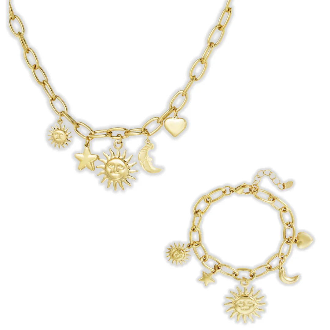 Setje gouden schakel ketting en armband met 5 bedels zon maan ster en hartje - Casa Jadel