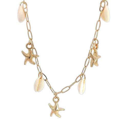 Gouden schakel ketting met schelpjes en zeesterren bedels