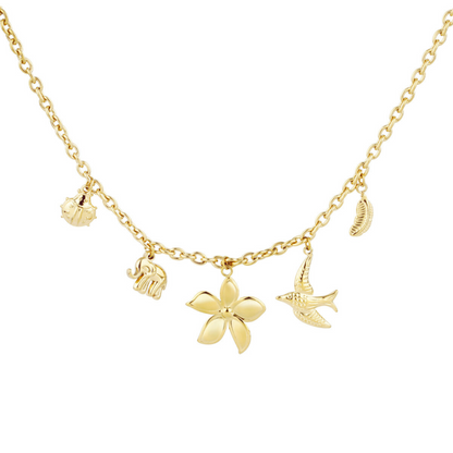 Setje gouden bedel ketting en armband met lieveheersbeestje olifant bloem vogel blad