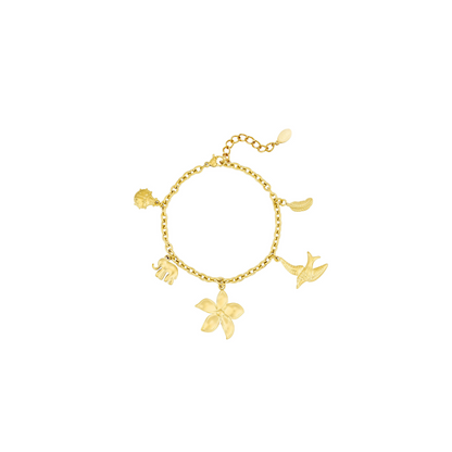 Setje gouden bedel ketting en armband met lieveheersbeestje olifant bloem vogel blad
