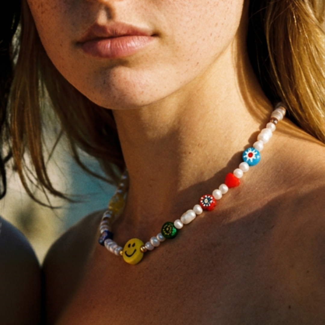 Witte kralenketting met smiley en millefiori Y2K