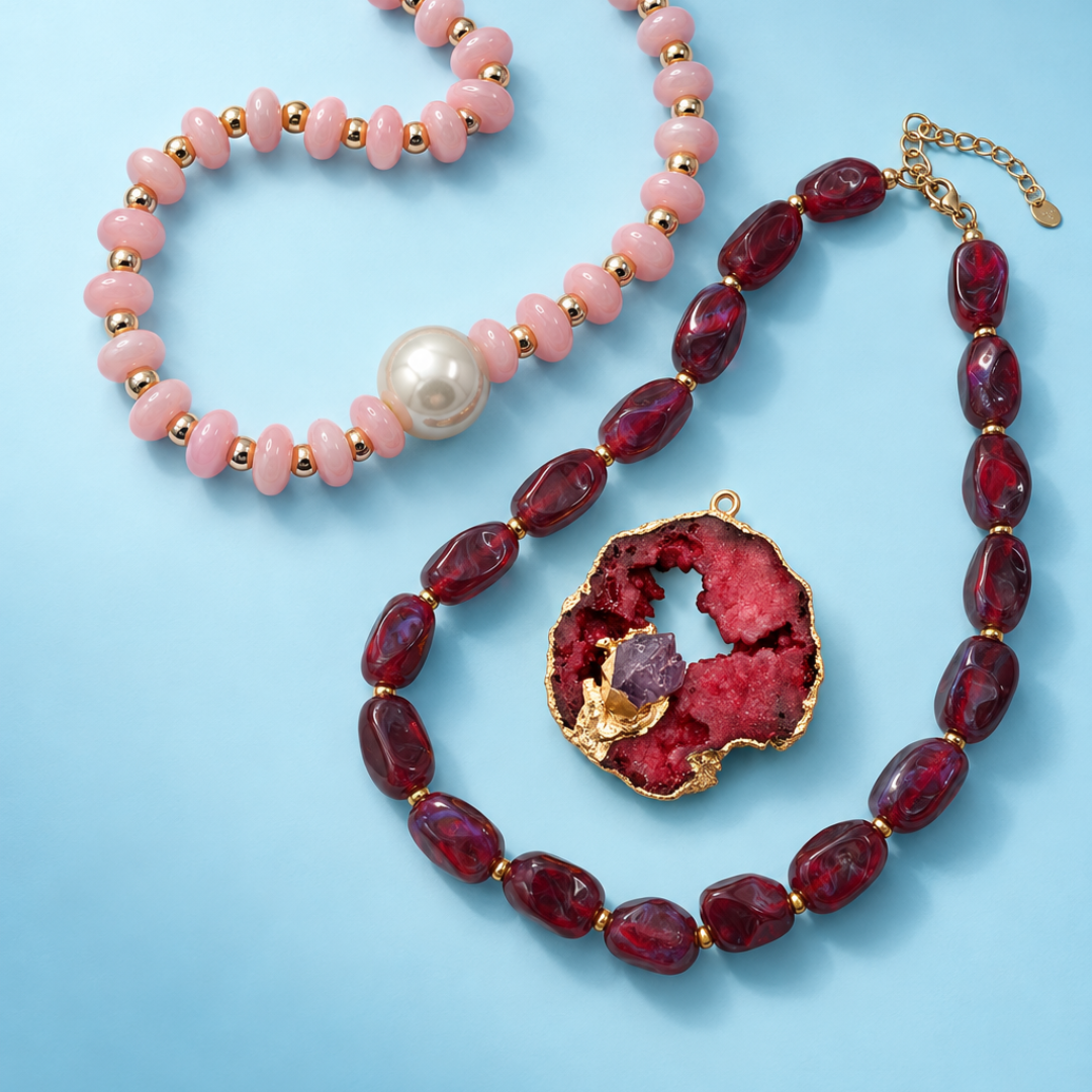 Roze ketting met parelkleurige middenkraal naast een burgundy kralenketting en een open natuursteen hanger.
