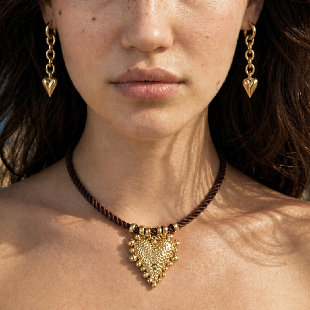 Donkerbruin gedraaide rope ketting met statement bolletjes hart