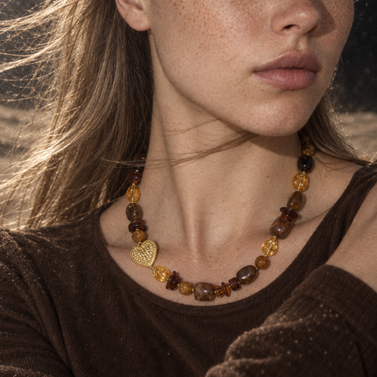 Bruine amber mixed kralenketting met gouden hart