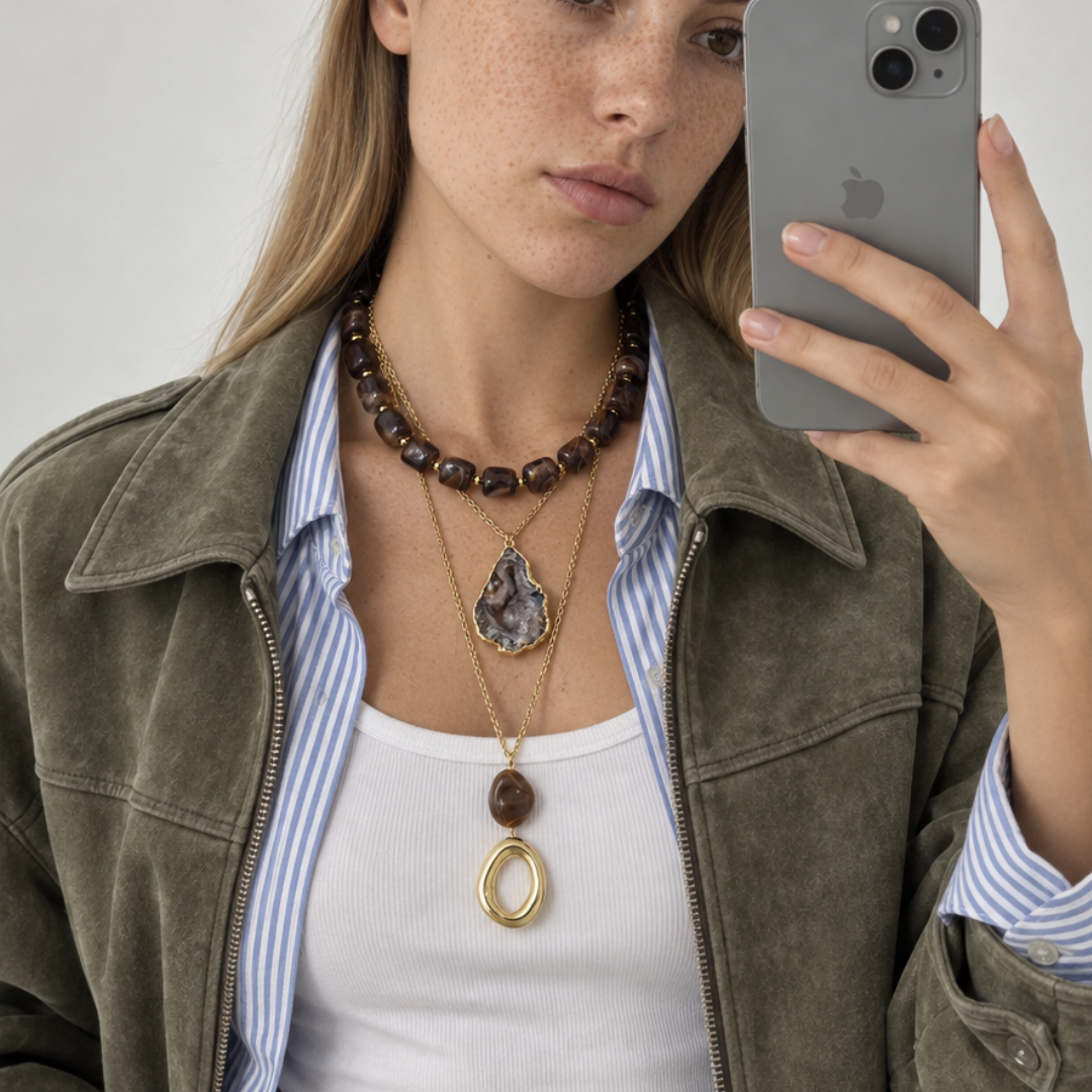 Donkerbruine squared XL marble chunky kralenketting