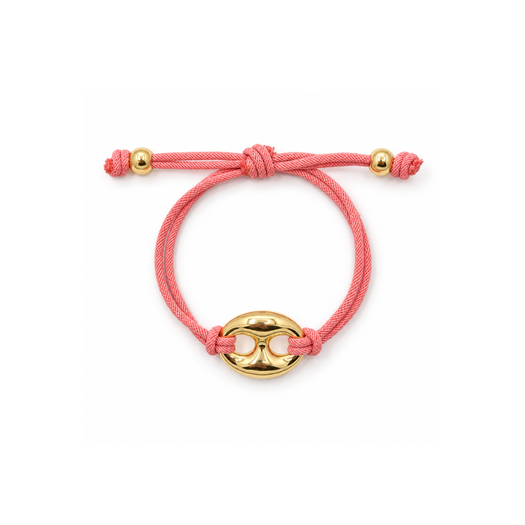 Zalmroze rope armband met gouden bean Casa Jadel