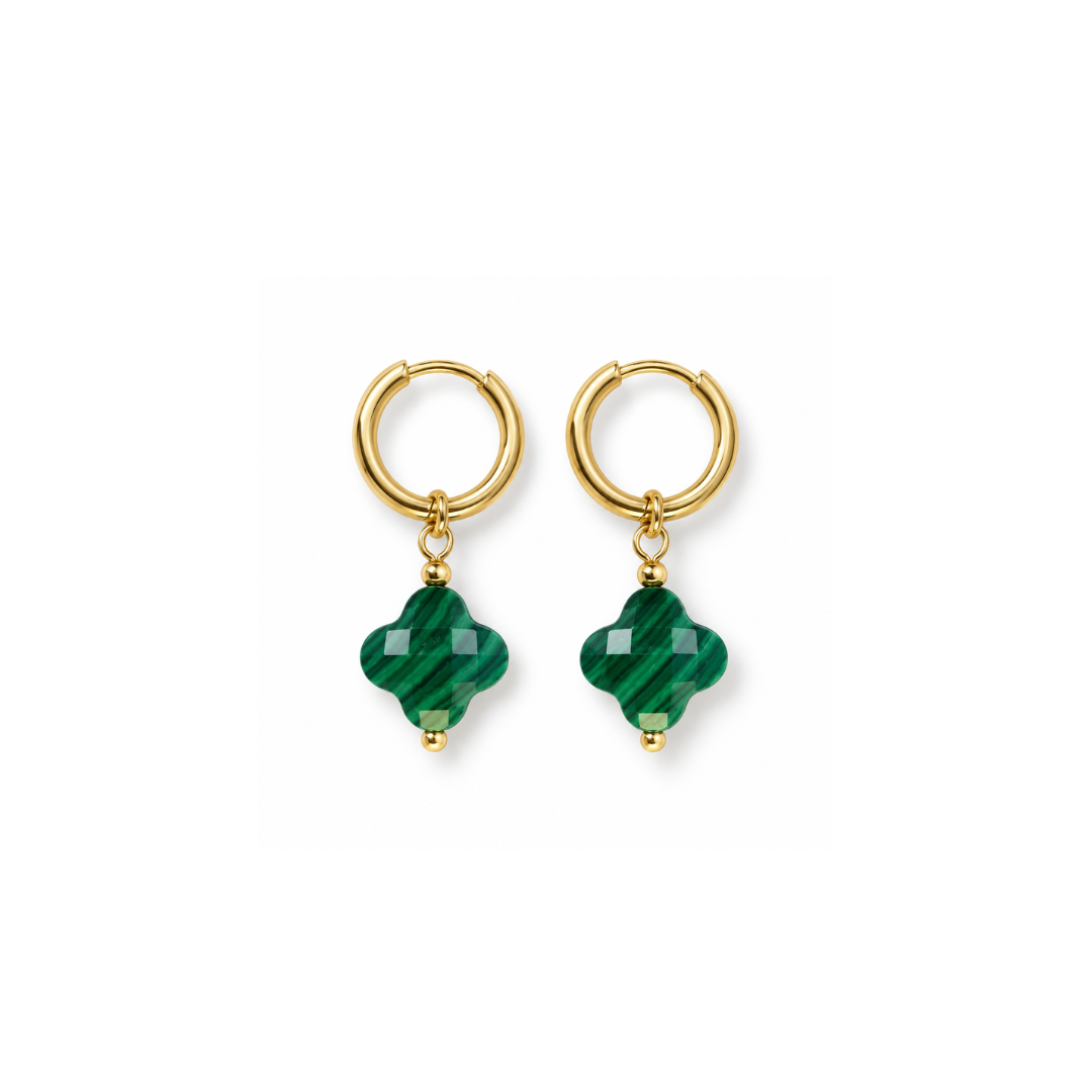 Gouden oorringetjes met Malachiet natuursteen facet clover