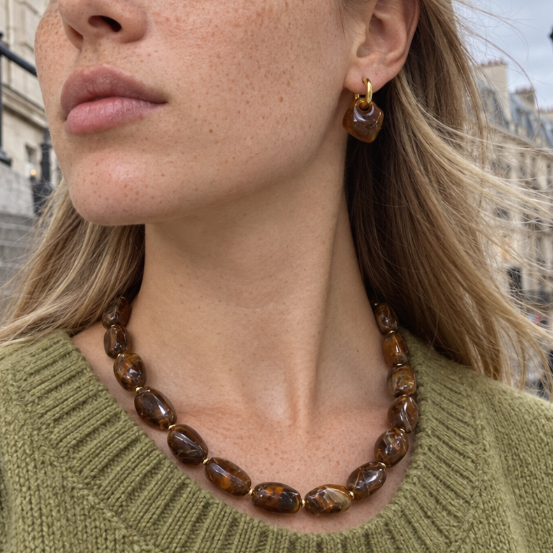 Bruine chunky statement marble kralenketting Sanne