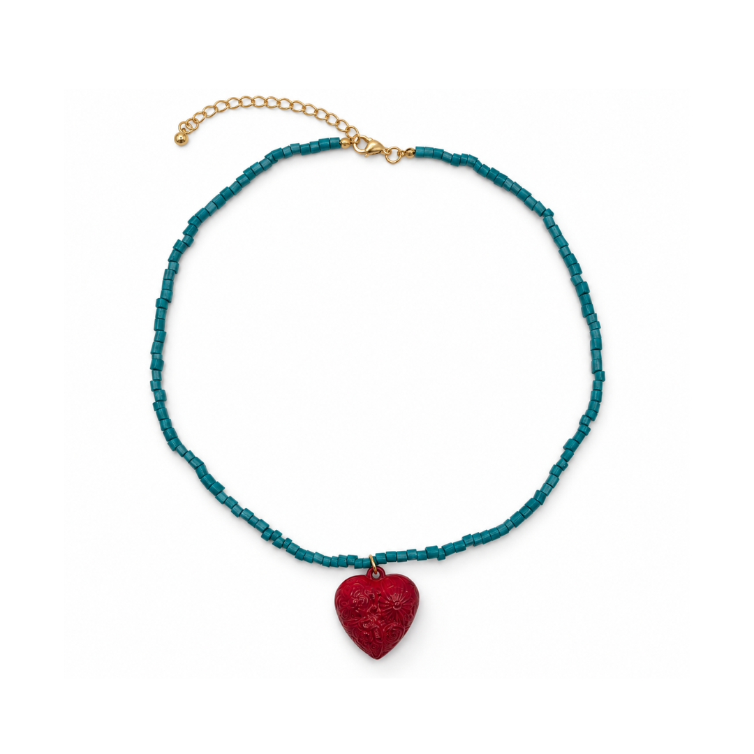 Turquoise squared kralenketting met vintage hart Casa Jadel