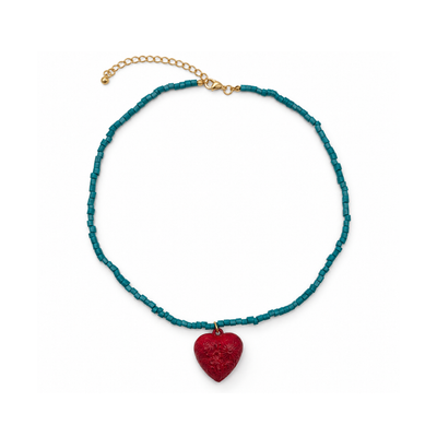Turquoise squared kralenketting met vintage hart