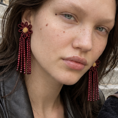 Burgundy kraaltjes bohemian bloem oorbellen