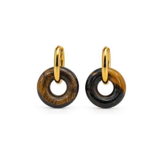 Gouden oorringen met Tijgeroog natuursteen hoops