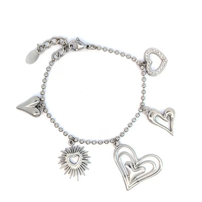 Zilveren balletjes schakel armband met 5 verschillende hartjes