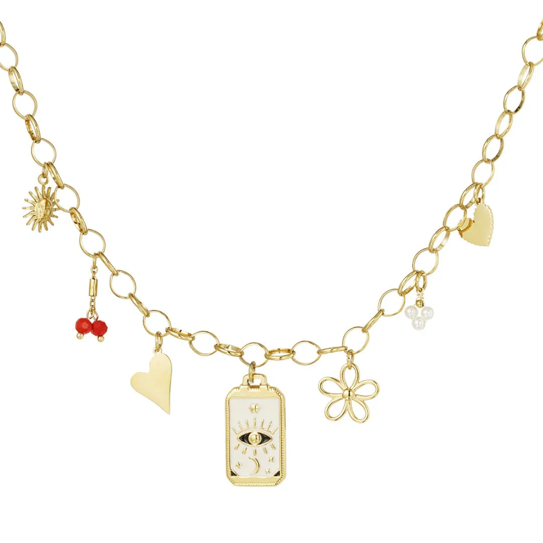 Gouden bedelketting met white eye hartjes bloempje zon en rode kraaltjes - Casa Jadel