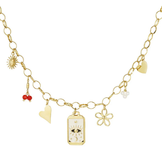 Gouden bedelketting met white eye hartjes bloempje zon en rode kraaltjes - Casa Jadel