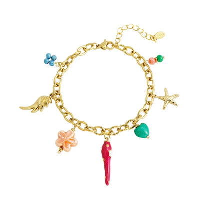 Gouden bedel armband met rode peper vleugel bloem zeester gekleurde details