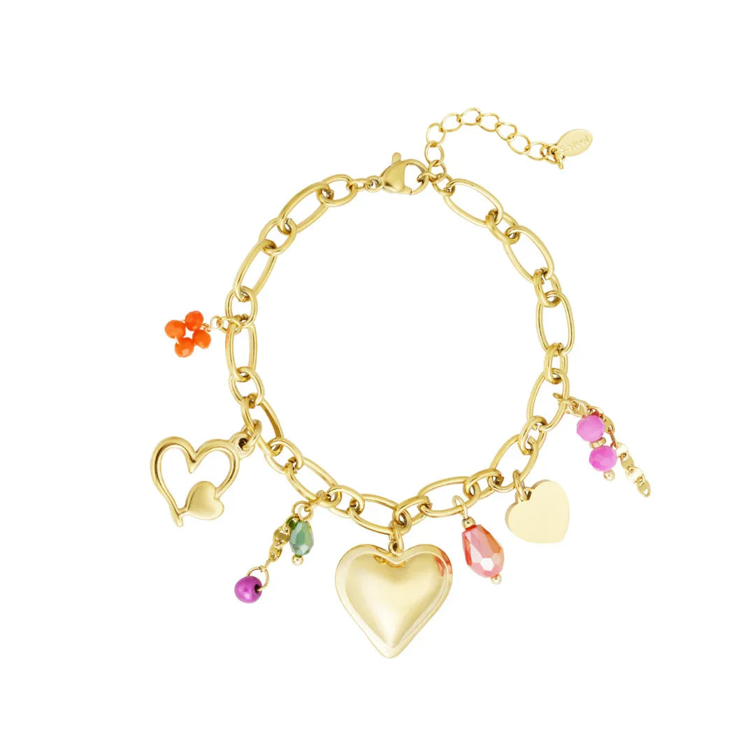 Gouden bedel armband met multi color details en hartjes - Casa Jadel