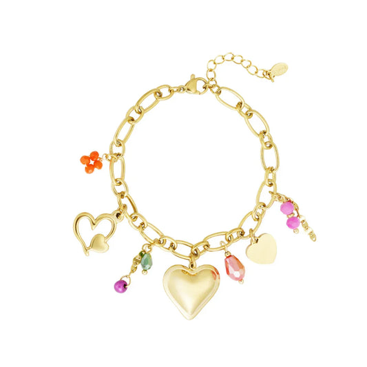 Gouden bedel armband met multi color details en hartjes - Casa Jadel