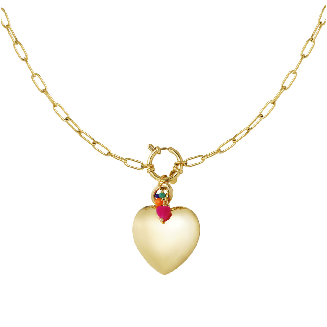 Gouden ketting met big heart, slotje, roze oranje groen kraaltje