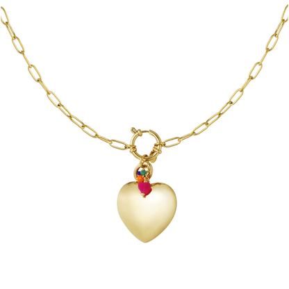 Gouden ketting met big heart, slotje, roze oranje groen kraaltje