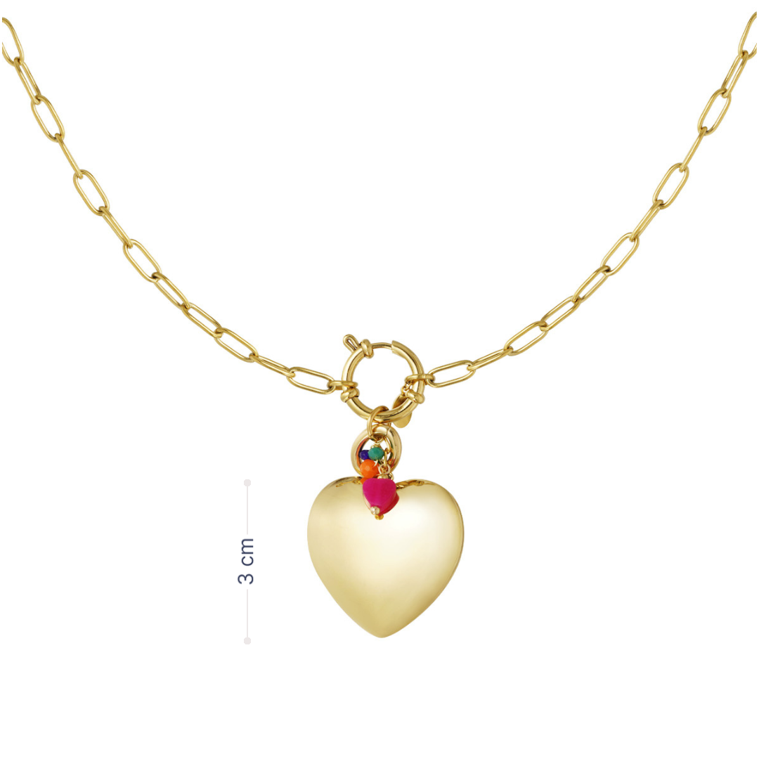 Gouden ketting met big heart, slotje, roze oranje groen kraaltje