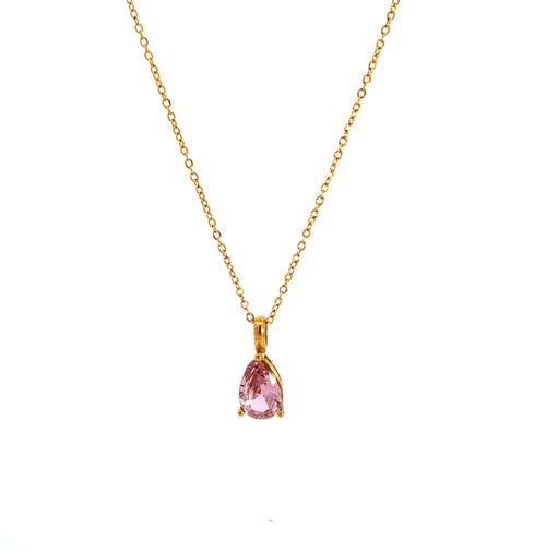 Gouden ketting met roze kristal druppel vormige bedel