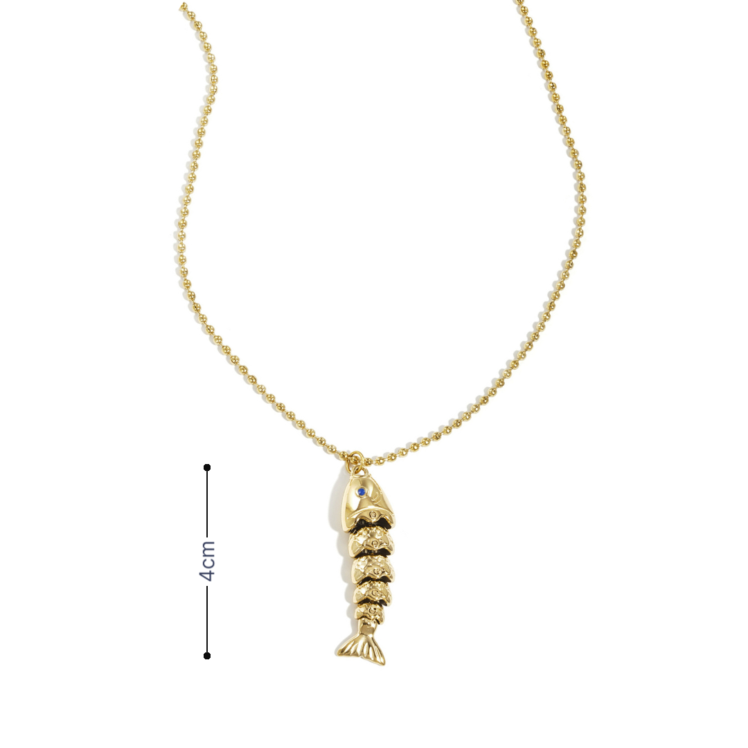 Lange gouden bolletjes ketting met vis bedel