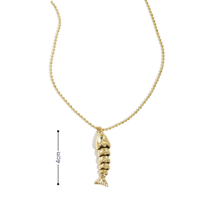 Lange gouden bolletjes ketting met vis bedel