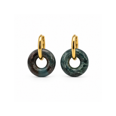 Gouden oorringen met Mosagaat natuursteen hoops