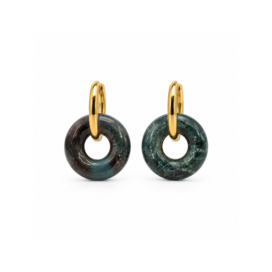 Gouden oorringen met Mosagaat natuursteen hoops