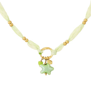 Setje groene stof armband en ketting goud bloem zon en kraaltje - Casa Jadel