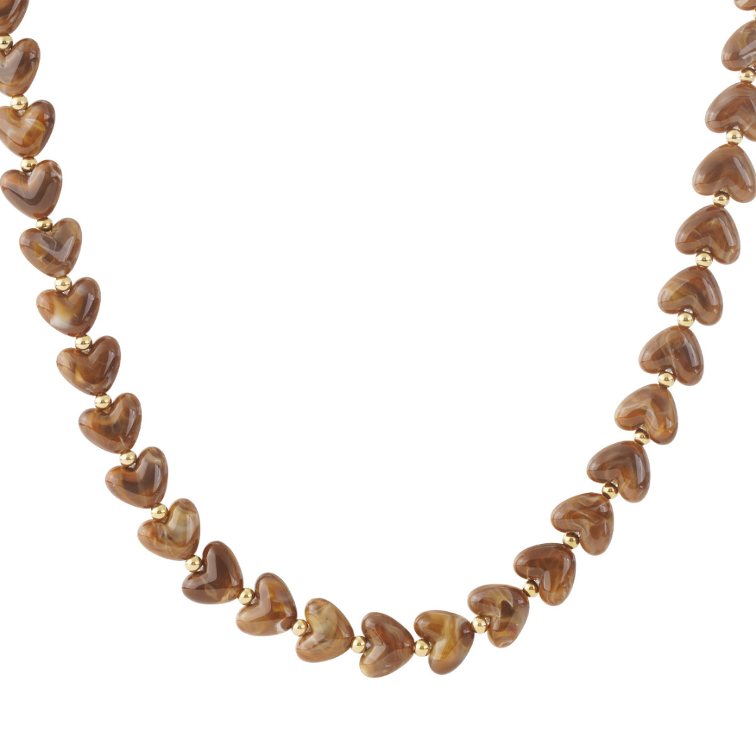 Kralen ketting hartje gemarmerd bruin