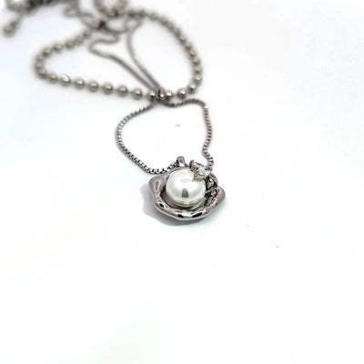 Zilveren dubbele ketting met hanger en parel - lang