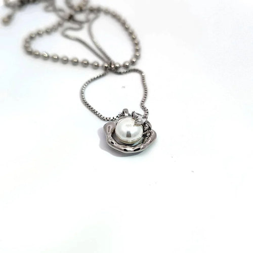 Zilveren dubbele ketting met hanger en parel - lang