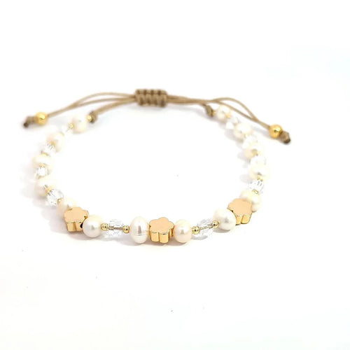 Verstelbare armband met gouden bloemetjes kraaltjes en pareltjes