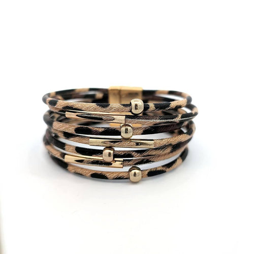 7-delige lederen armband met bruine panterprint