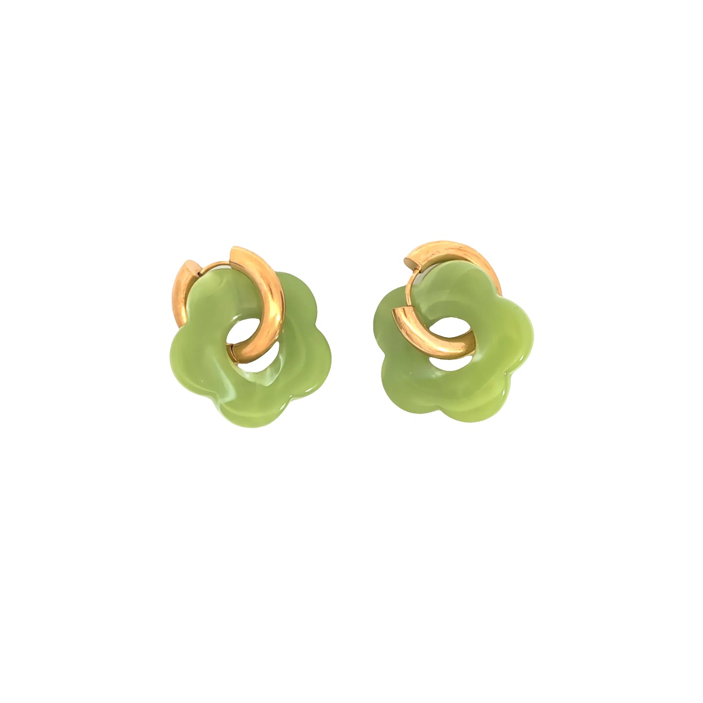 Gouden oorringetje met licht groene marble  bloem